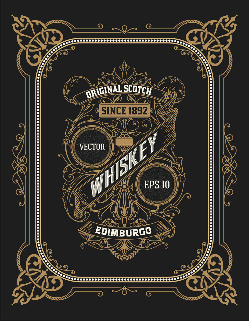 威士忌的老式标签。你可以把这个设计应用到另一个设计上。