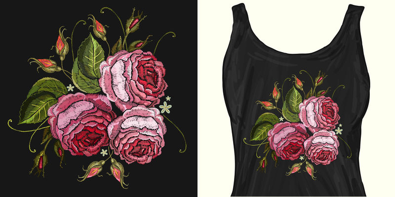 刺绣。美丽的粉红色玫瑰，经典的黑色背景。