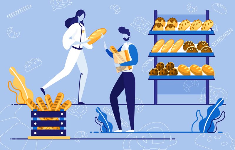 超市或商店的面包陈列柜，顾客。