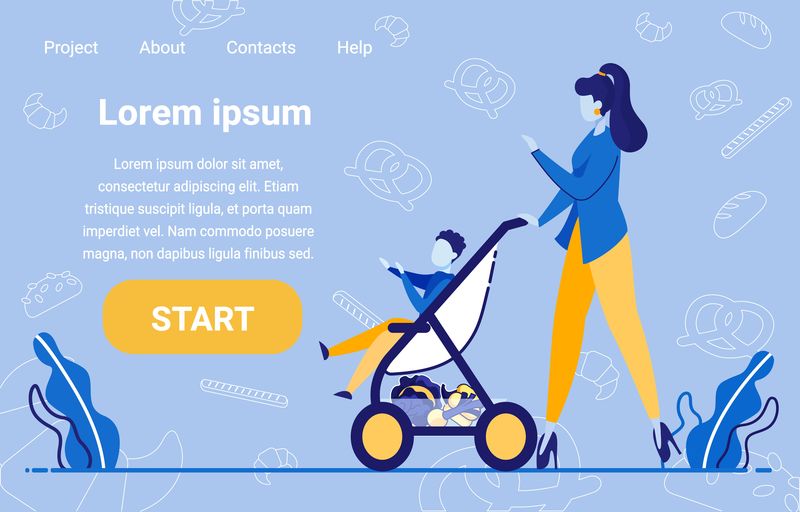 妈妈和幼儿在婴儿车上散步网站设计。