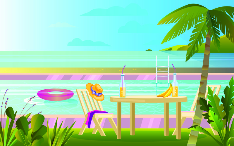 夏季休息横幅与游泳池，桌子，椅子，棕榈，帽子。野餐