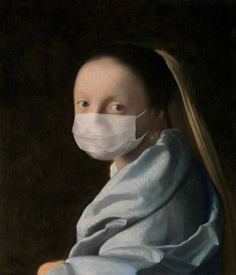 Johannes Vermeer\u0026#39；s在冠状病毒大流行公共领域混音期间戴口罩的年轻女子