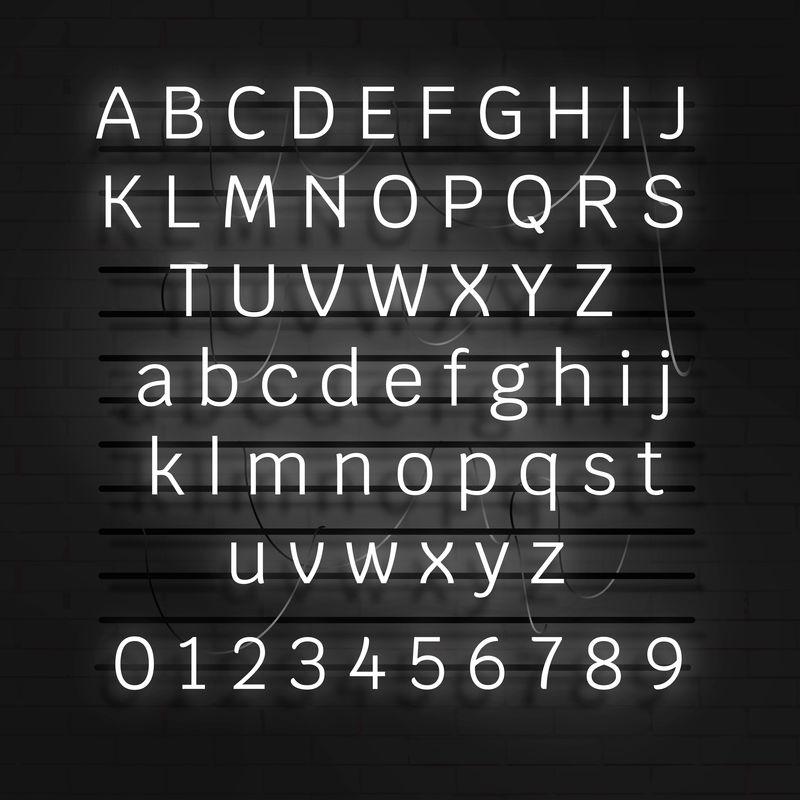 白色霓虹灯字母和数字设置在黑色背景向量上