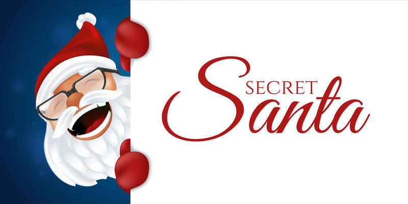 滑稽卡通圣诞老人戴着红帽子、手套和眼镜。穿着传统服装的圣诞欢笑人物从一个白色背景上孤立的秘密圣诞老人字样的标志后面偷窥