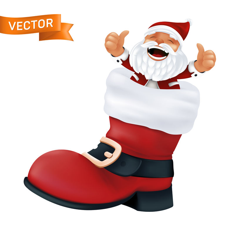 圣诞老人的红色靴子，白色毛皮，黑色皮带，带金色扣。一个有趣的角色和一个孤立在白色背景上的圣诞鞋的现实矢量插图