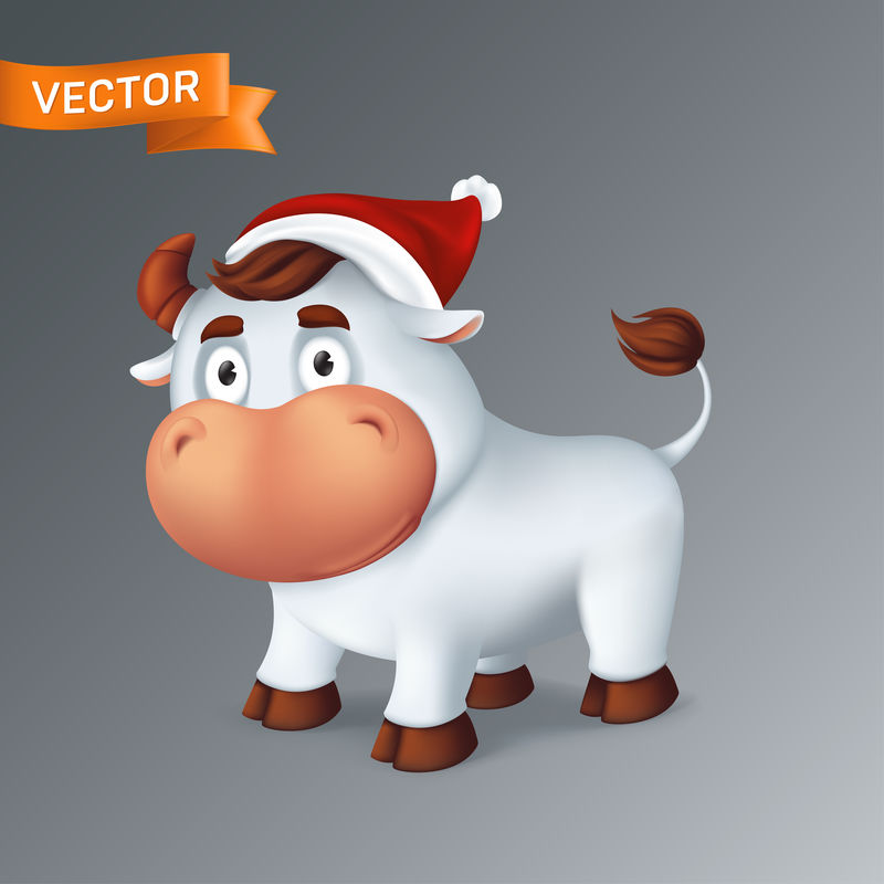戴着红圣诞帽的有趣的银牛动物。黄道十二生肖年的象征。灰色背景下隔离的白色微笑公牛的3d卡通矢量图