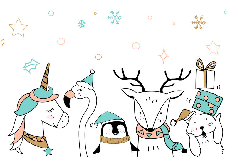 可爱的矢量动物卡通雪地圣诞主题背景