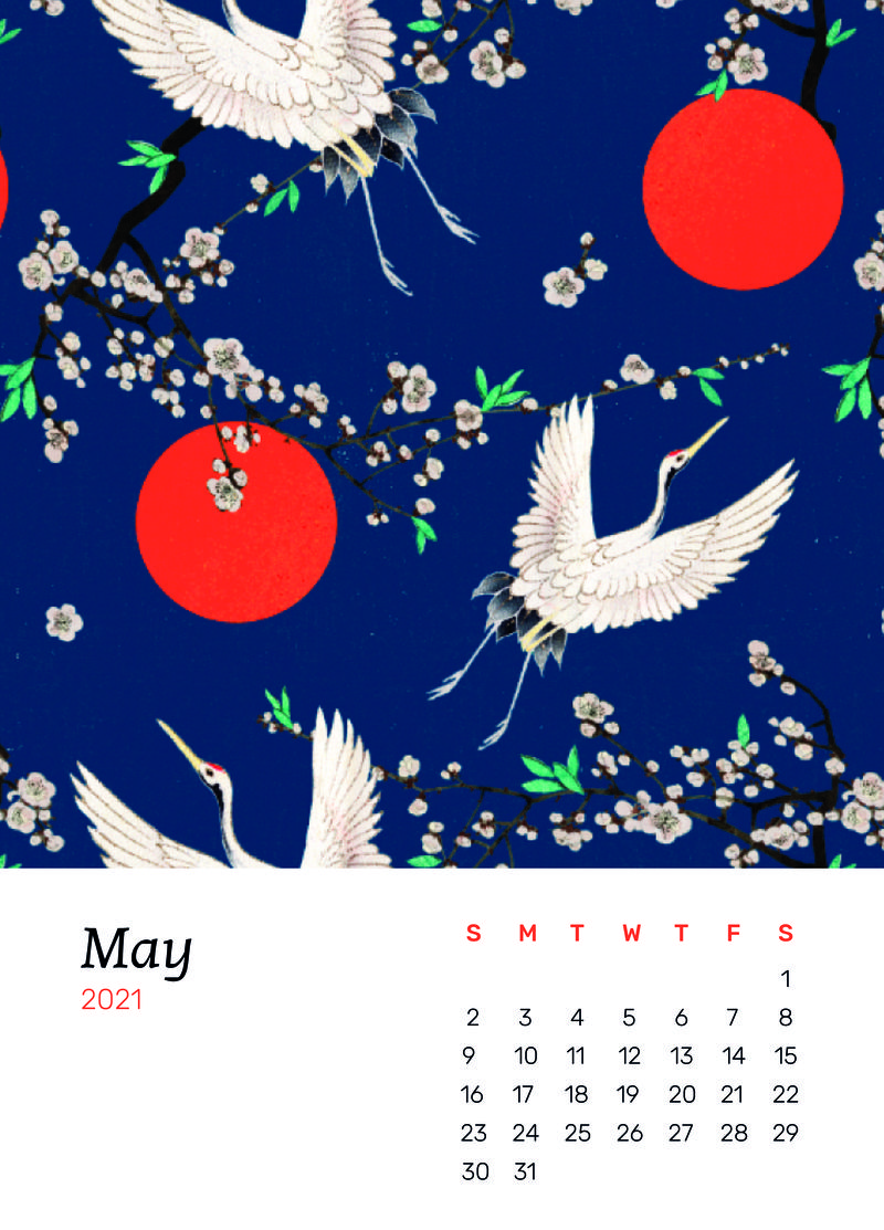 2021年5月可打印日历psd与日本仙鹤和樱花混搭艺术作品渡边真司