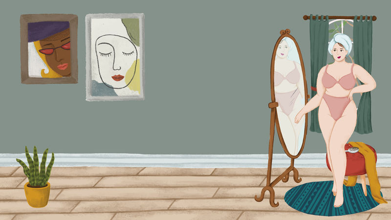 女孩穿着内衣站在镜子前素描风格的墙纸矢量