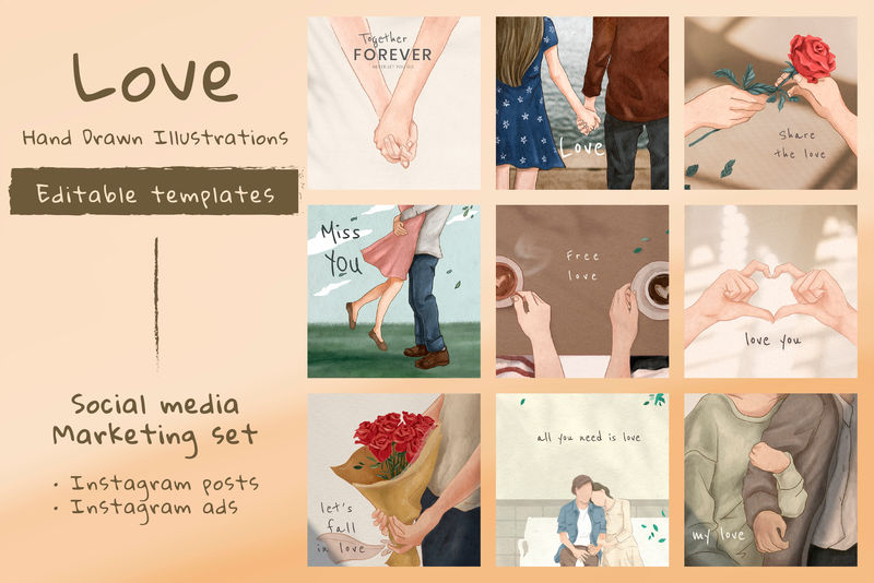 情人节插画模板用于营销社交媒体帖子集
