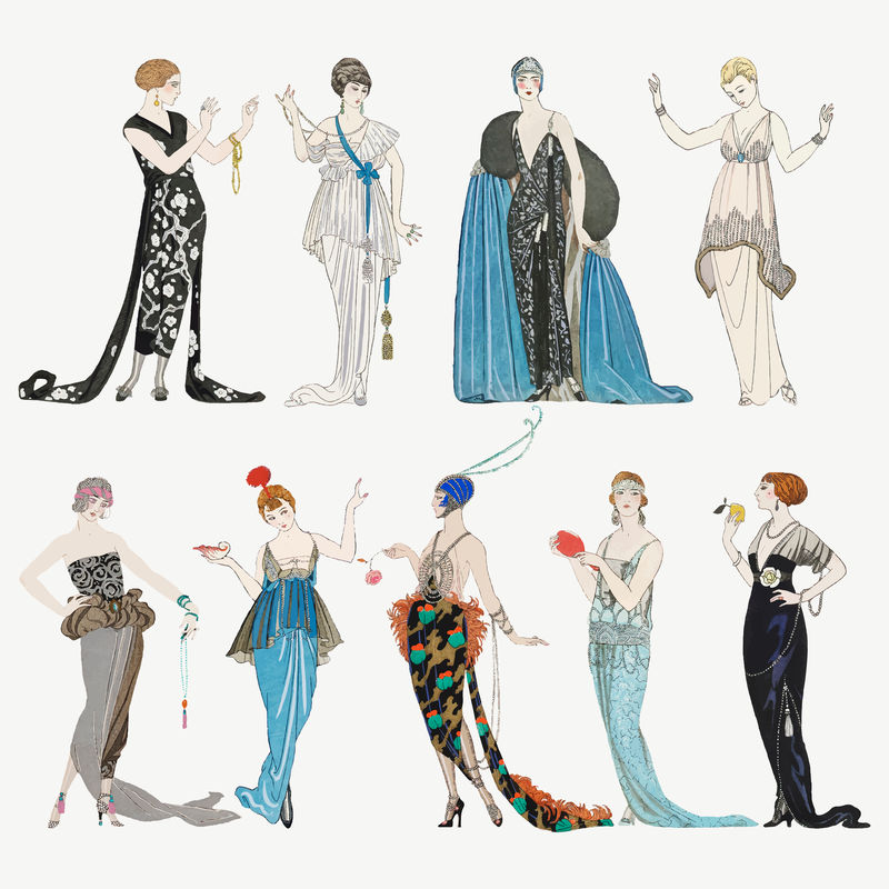 20世纪20年代女性时尚矢量集乔治·巴比尔艺术作品的混音