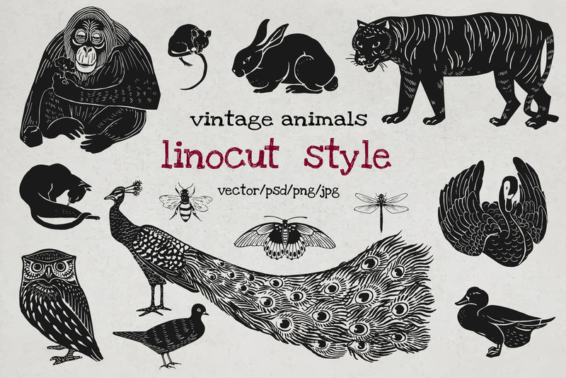 Vintage animals linocut风格向量集