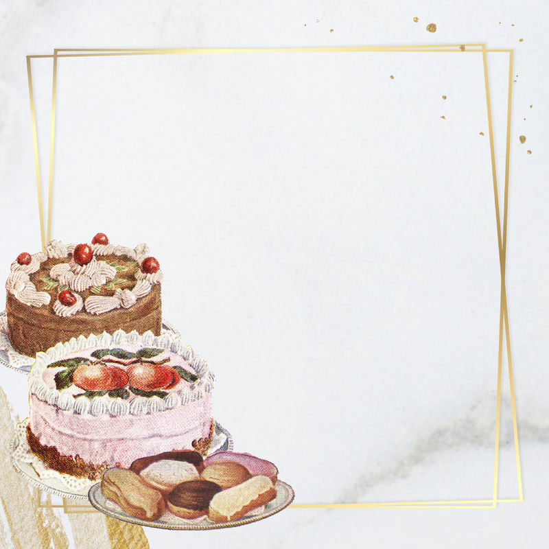 大理石纹理背景带蛋糕的金色框架