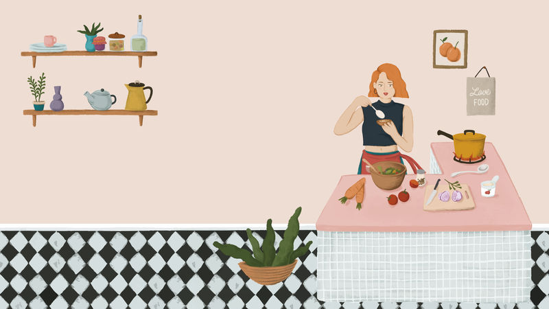 女孩在厨房烹饪素描风格的背景向量