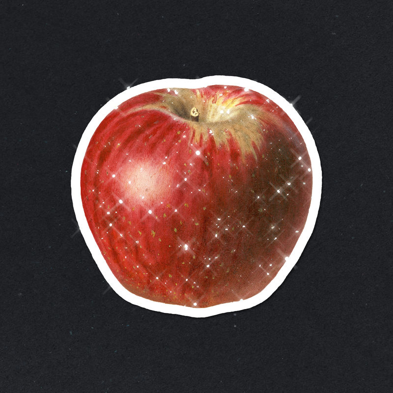手绘亮红色苹果水果贴纸白色边框
