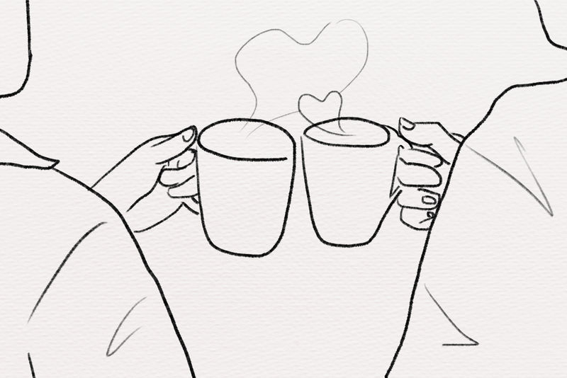 一对浪漫的情侣在咖啡约会中用灰度素描