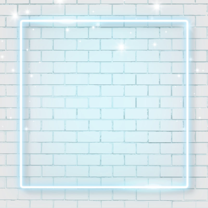 砖墙背景向量上的方形蓝色霓虹灯框架