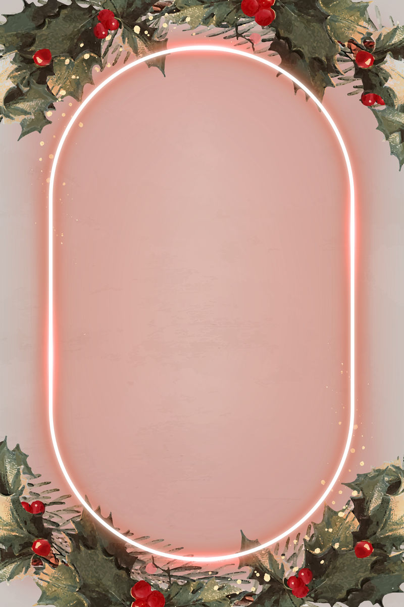 圣诞背景向量上的椭圆形粉红色霓虹灯框架