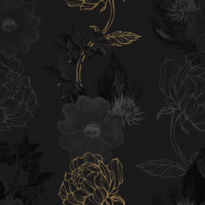 黑色背景上的手绘黑色和金色花朵图案