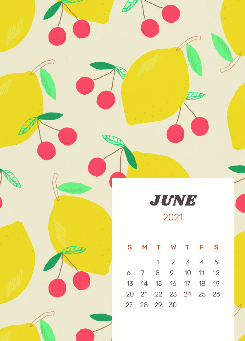 日历2021年6月可编辑海报模板psd与可爱的柠檬背景