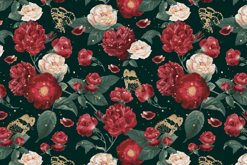 经典浪漫红玫瑰矢量花卉图案水彩插画