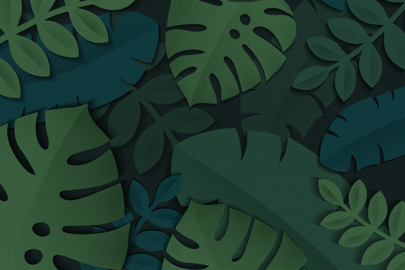 绿色的热带叶子在深色的背景向量上形成图案