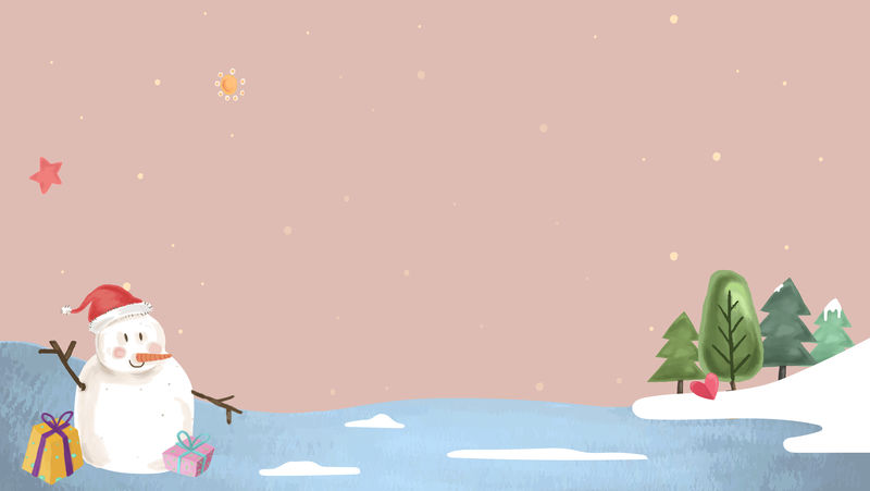 可爱的雪人在森林中的粉红色背景向量