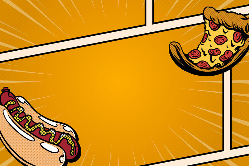 波普艺术热狗和比萨饼漫画模板向量