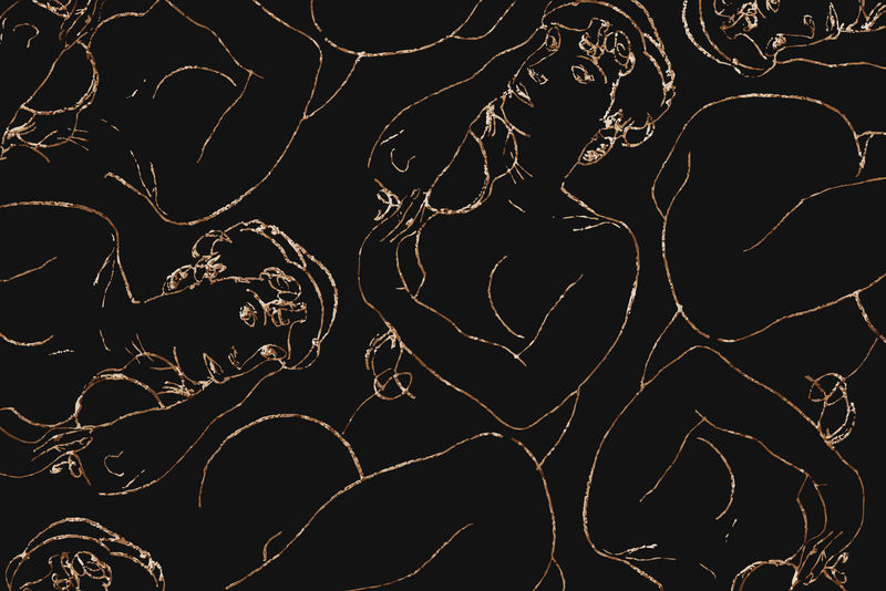 金色女性线条艺术绘画图案背景矢量混合自Egon Schiele的艺术作品