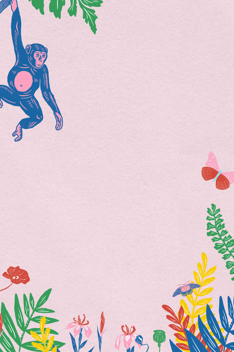 复古野生动物框架psd花卉粉色丛林背景