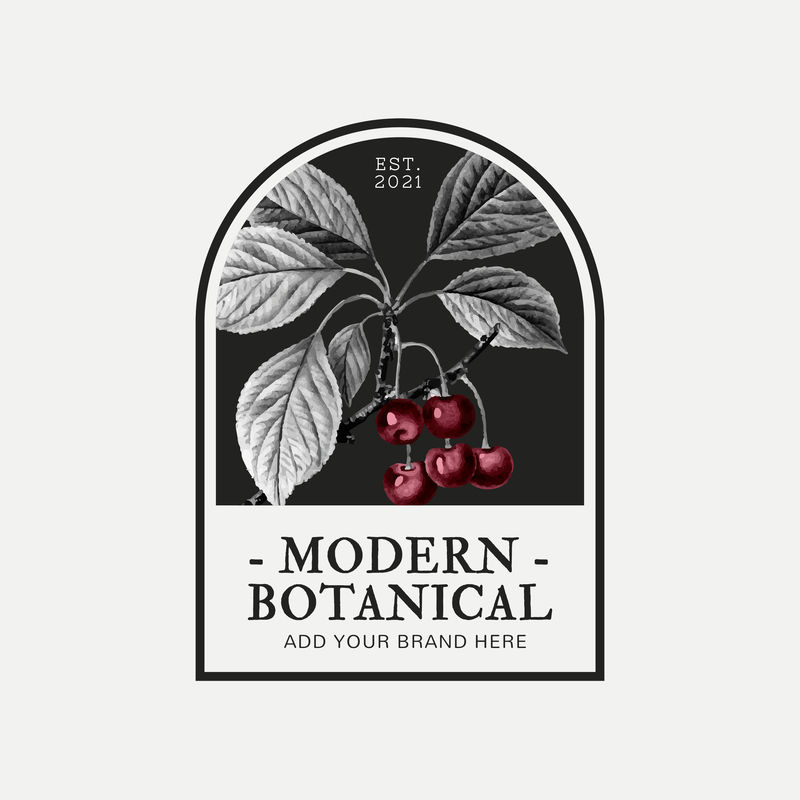 现代植物商业徽章psd与樱桃插画美容品牌