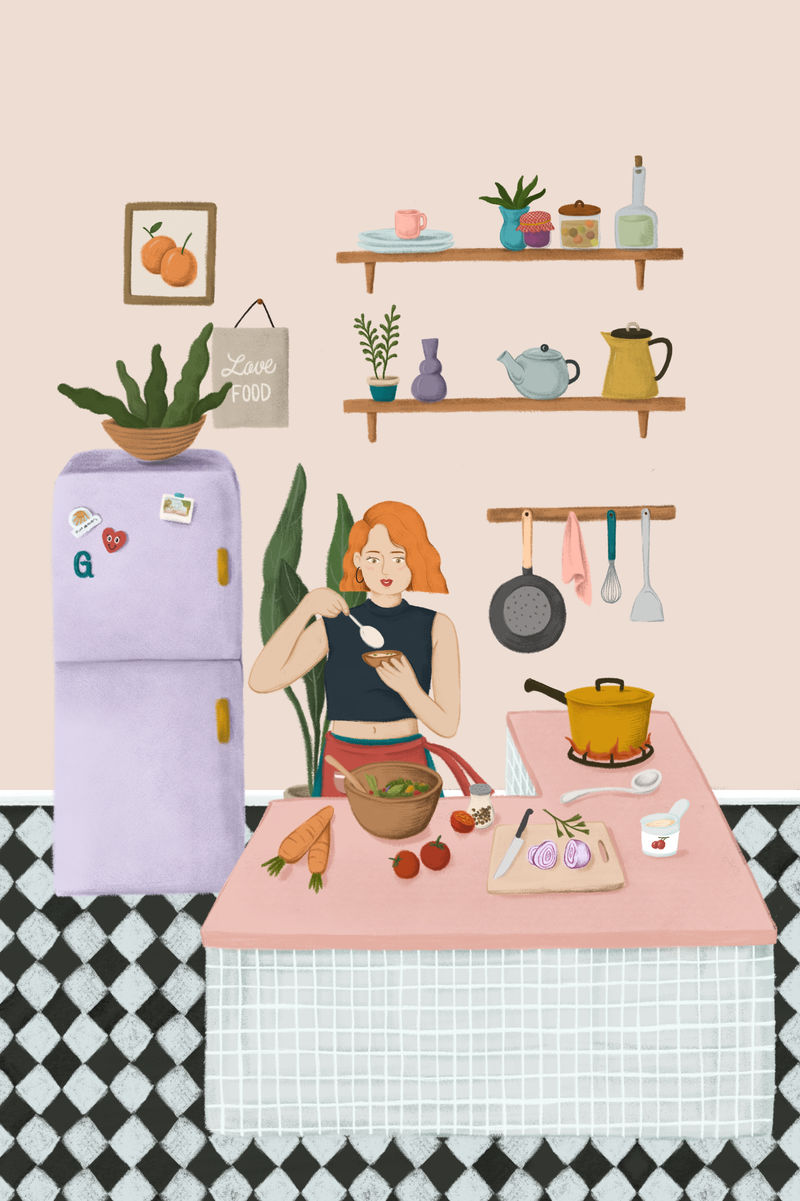 女孩在厨房做饭素描风格插图