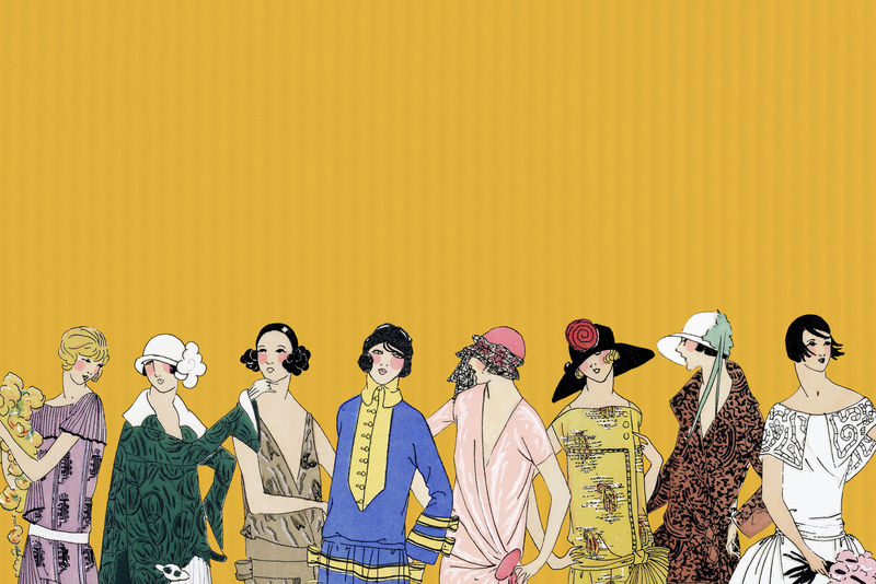 黄色背景psd展示了20世纪20年代的复古女性时装与Tr\u0026egrave；s Parisien上发布的复古插图混合