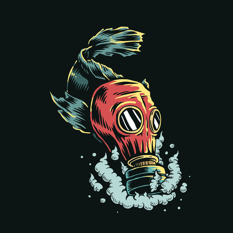 污染水中戴防毒面具的鱼插图