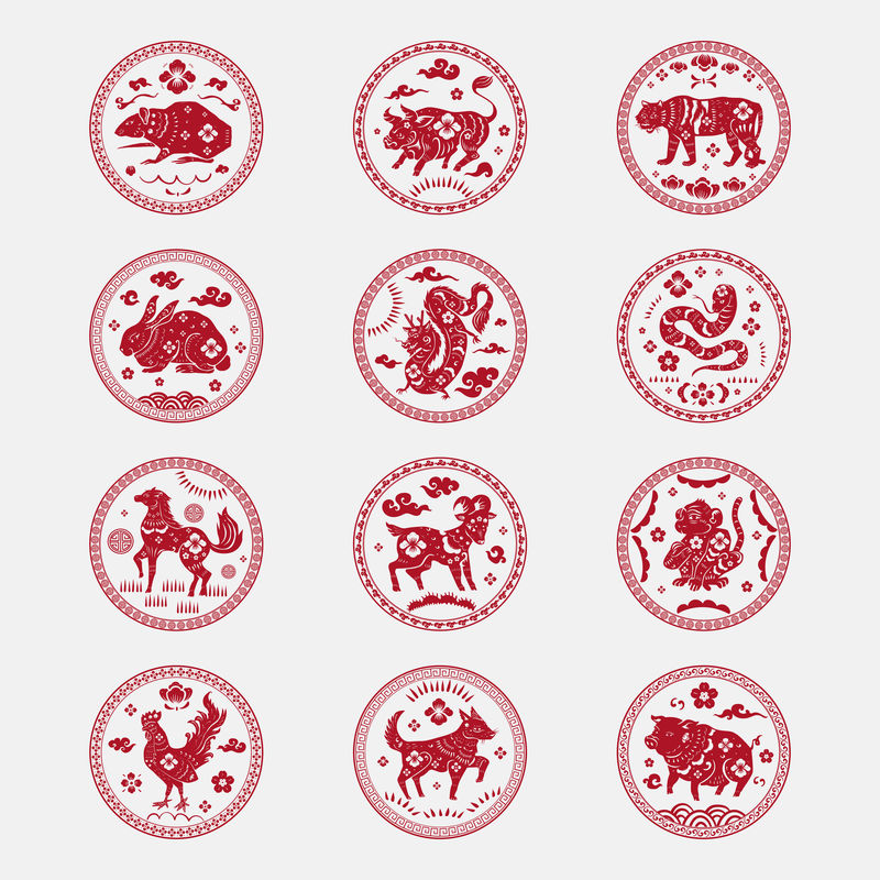 中国星座动物徽章矢量红色新年设计元素集
