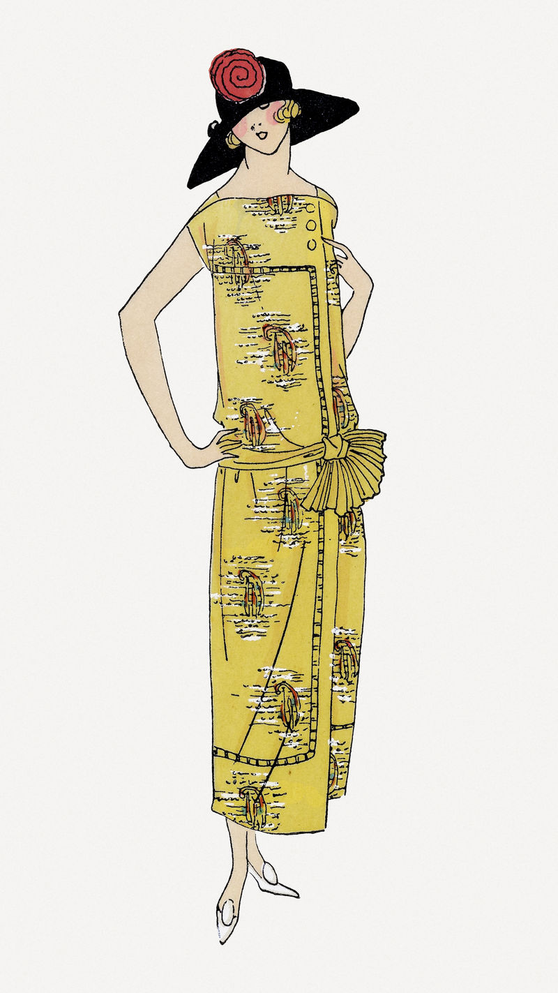 身着黄色挡板裙的女性psd根据Tr\u0026egrave；s Parisien上出版的复古插图进行了混音