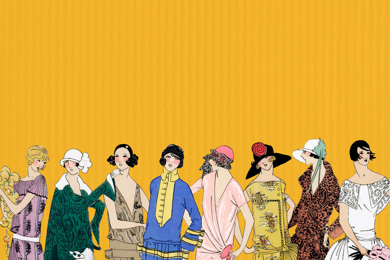 黄色背景矢量以20世纪20年代的复古女性时装为特色与Tr\u0026egrave出版的复古插画混合；巴黎人