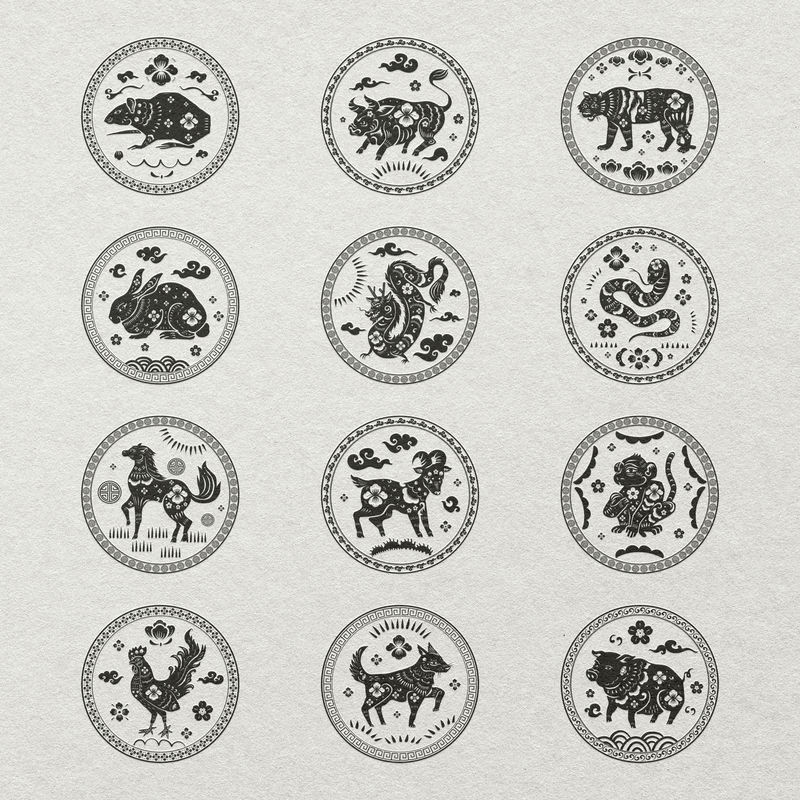 中国动物十二生肖徽章psd黑色新年贴纸套装