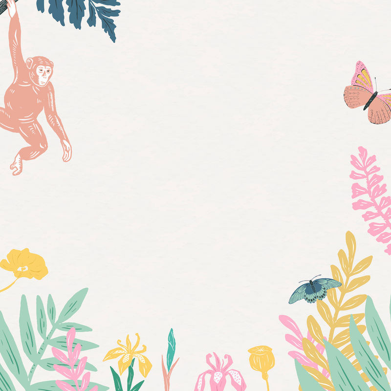 复古动物框架矢量彩色蜡笔丛林背景