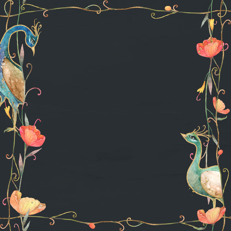 在深色纹理背景上用水彩花和孔雀图案框psd