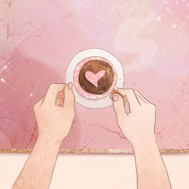 可爱的心咖啡矢量粉色闪亮大理石纹理社交媒体帖子