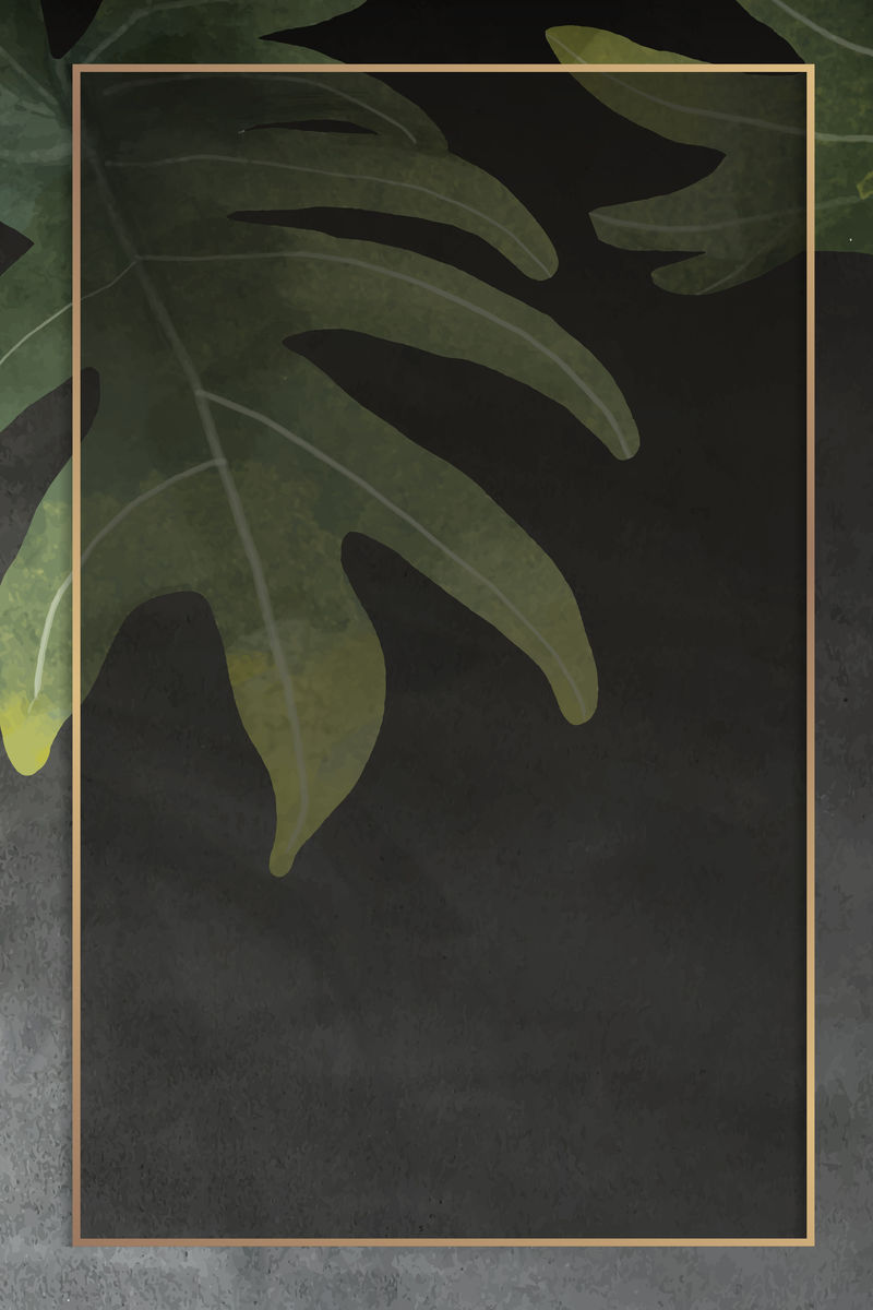 在grunge黑色背景向量上的金色框架与绿叶连翘叶子图案