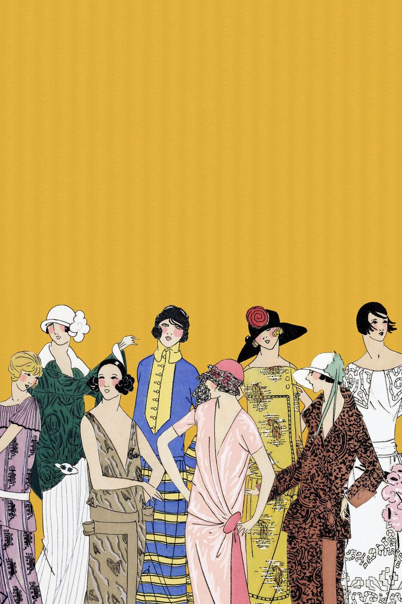 黄色背景psd展示了20世纪20年代的复古女性时装与Tr\u0026egrave；s Parisien上发布的复古插图混合
