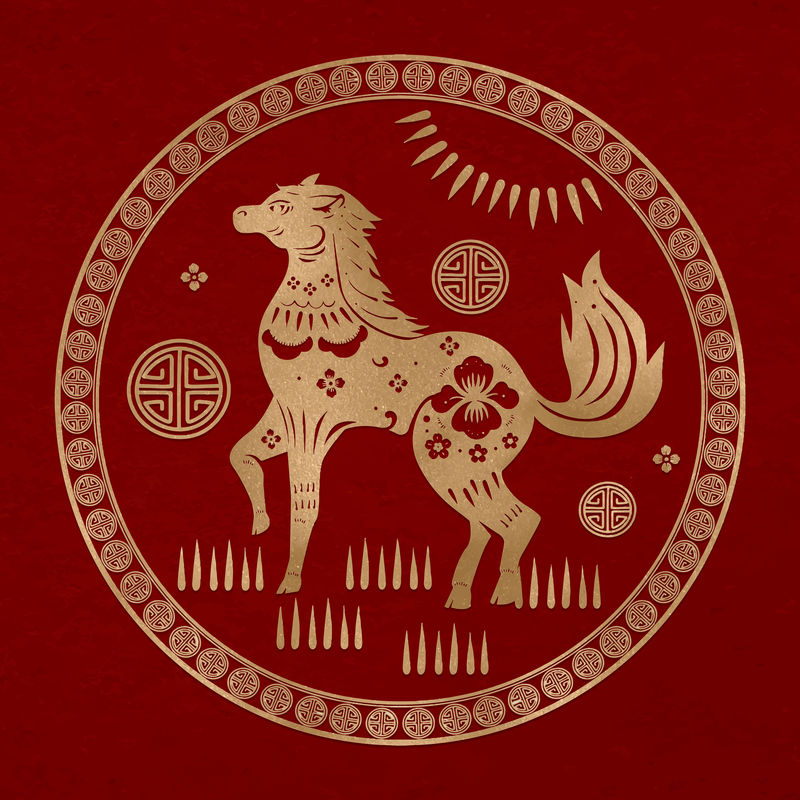 中国新年马矢量徽章黄金动物十二生肖