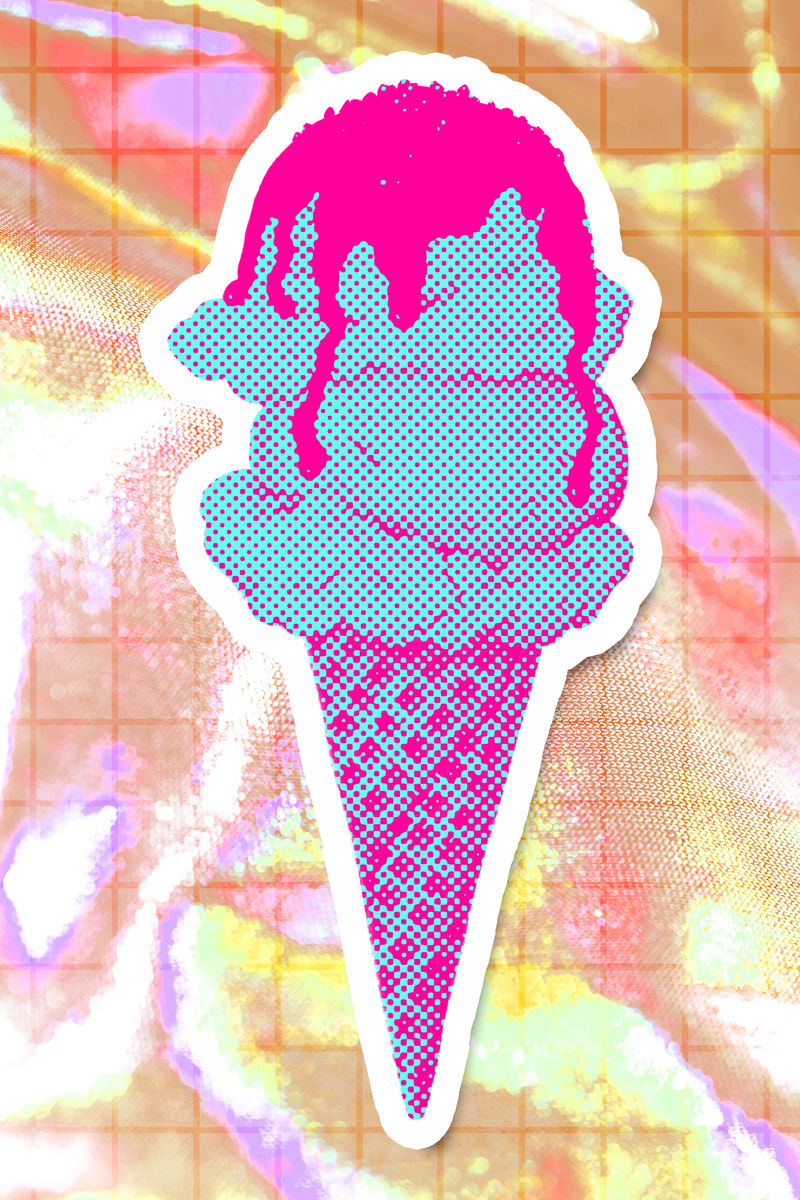 手绘时尚冰淇淋锥半色调风格贴纸与白色边框