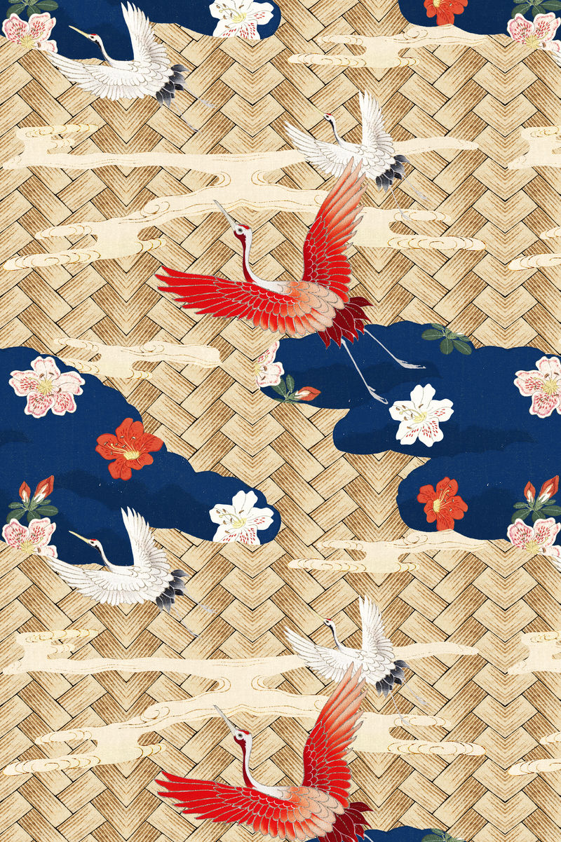 传统的日本竹编与起重机图案由渡边胜泰艺术作品的混合