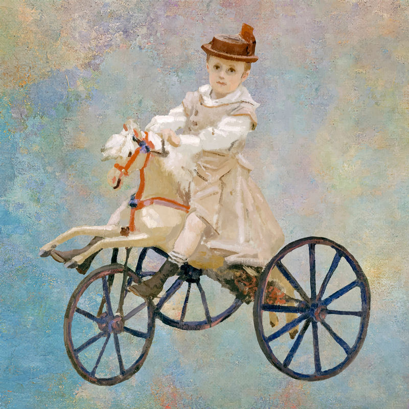 骑在小马三轮车上的男孩根据克劳德·莫奈的画混合而成