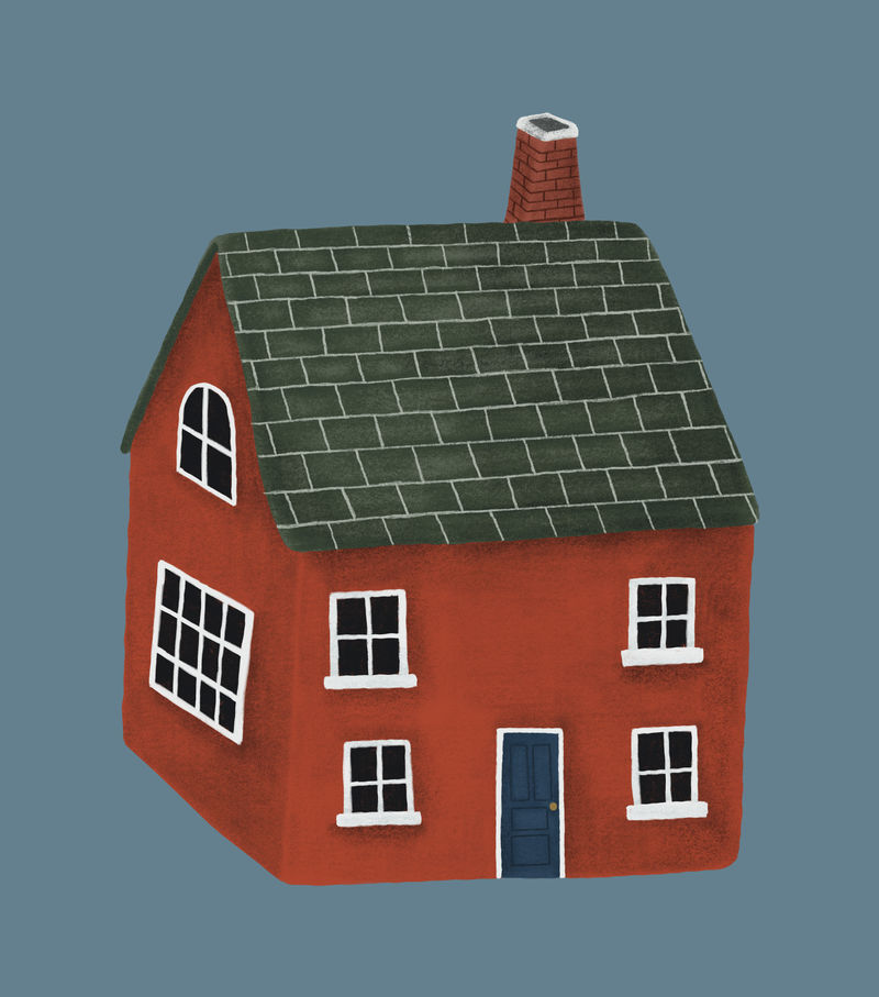 有绿色屋顶的手绘红房子
