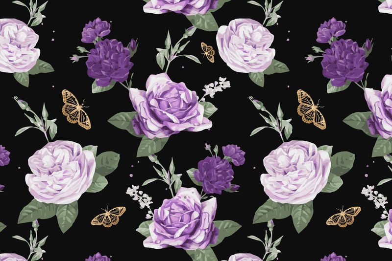 紫色卷心菜玫瑰矢量和蝴蝶水彩图案