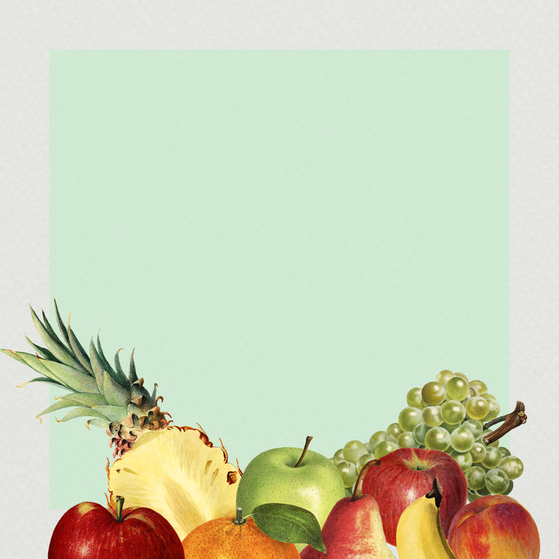 手绘混合热带水果绿色背景插图